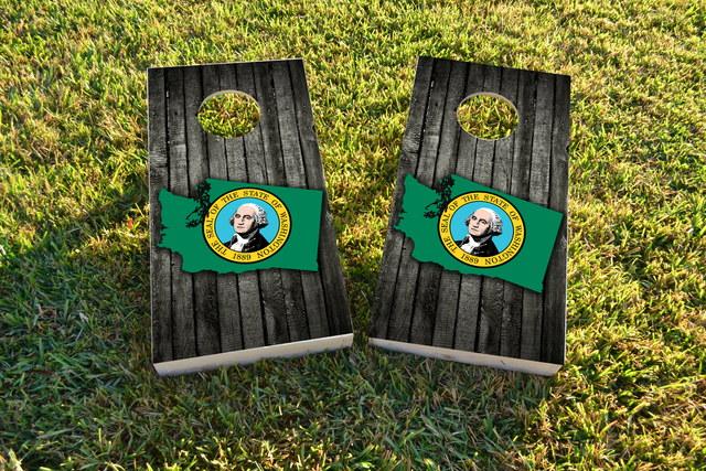 Wood Slate State Flag & Map (Washington) Themed Custom Cornhole Board Design