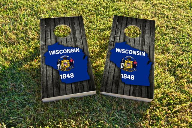 Wood Slate State Flag & Map (Wisconsin) Themed Custom Cornhole Board Design