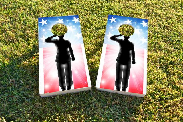 American Flag Soldier Salute Themed Custom Cornhole Board Design