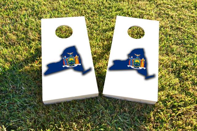 New York State Flag Outline (White Background) Themed Custom Cornhole Board Design