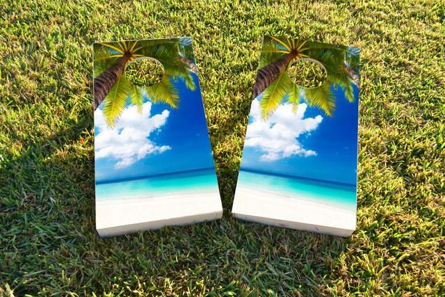 Palm Tree Overlooking the Beach Custom Cornhole Design