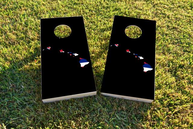 Hawaii State Flag Outline (Black Background) Themed Custom Cornhole Board Design