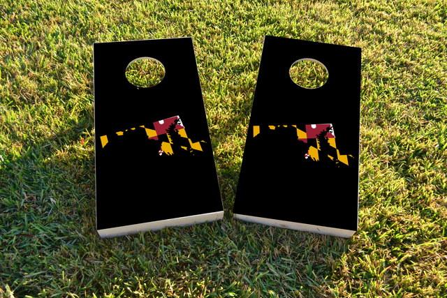 Maryland State Flag Outline (Black Background) Themed Custom Cornhole Board Design