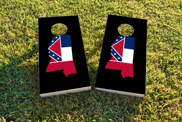 Mississippi State Flag Outline (Black Background) Themed Custom Cornhole Board Design