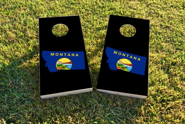 Montana State Flag Outline (Black Background) Themed Custom Cornhole Board Design