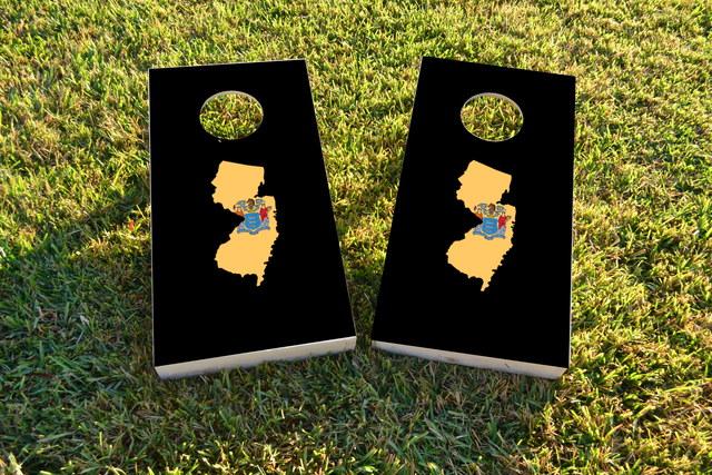 New Jersey State Flag Outline (Black Background) Themed Custom Cornhole Board Design