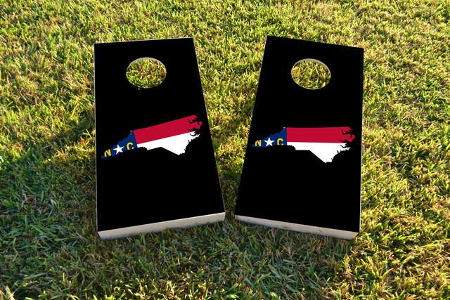 North Carolina State Flag Outline (Black Background) Themed Custom Cornhole Board Design