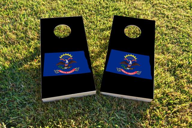 North Dakota State Flag Outline (Black Background)  Themed Custom Cornhole Board Design