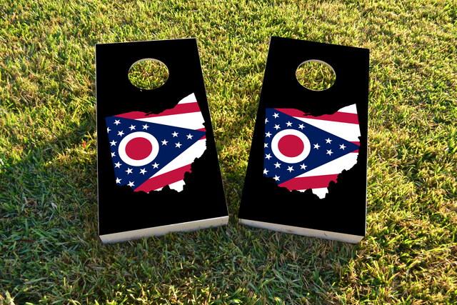 Ohio State Flag Outline (Black Background) Themed Custom Cornhole Board Design