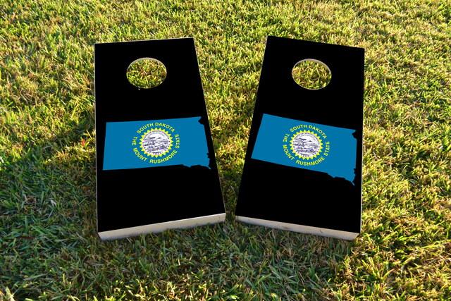 South Dakota State Flag Outline (Black Background) Themed Custom Cornhole Board Design