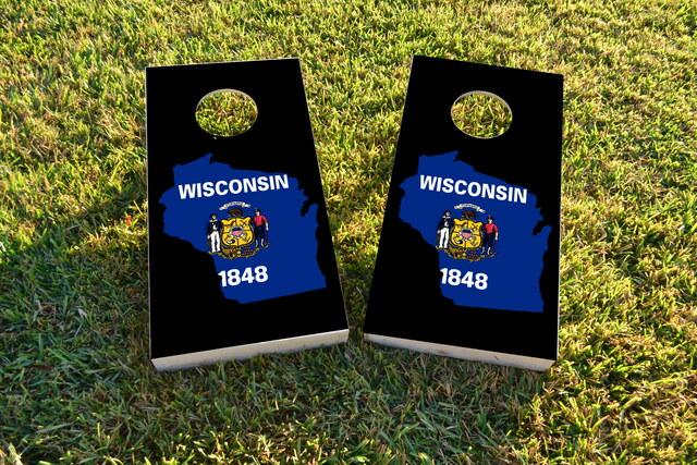  Wisconsin State Flag Outline (Black Background) Themed Custom Cornhole Board Design