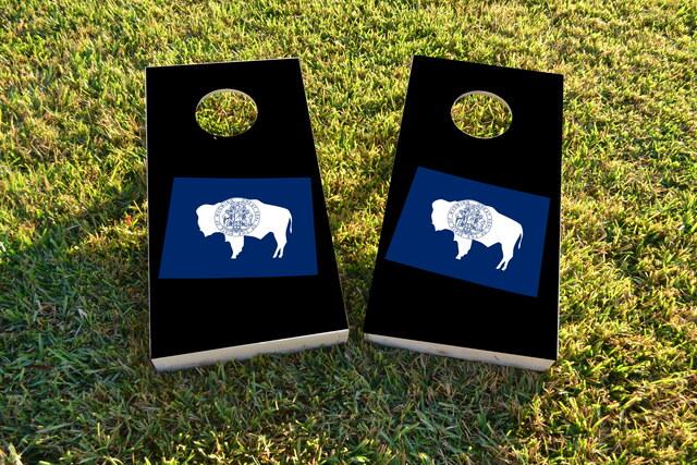 Wyoming State Flag Outline (Black Background) Themed Custom Cornhole Board Design