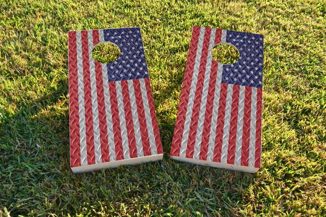 Diamond Plate American / US Flag Themed Custom Cornhole Boards Design