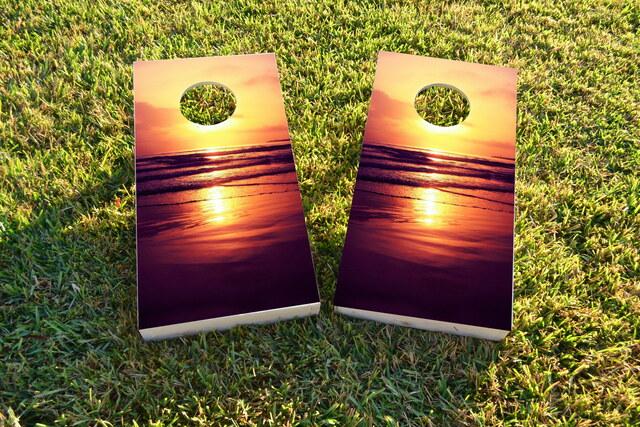 Orange Sunset On The Beach Themed Custom Cornhole Board Design