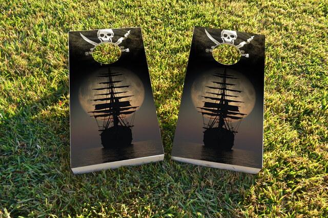 Pirate Ship on the Ocean In The Moonlight Themed Custom Cornhole Board Design