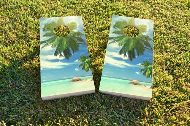 Palms Off The Beach on a Sunny Day Themed Custom Cornhole Board Design