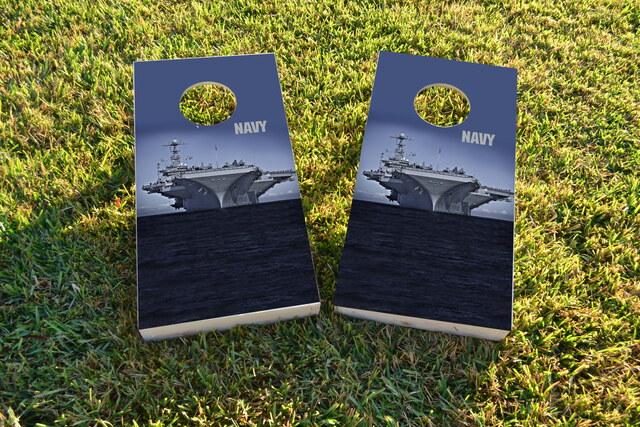 Navy Carrier on The Open Ocean Themed Custom Cornhole Board Design