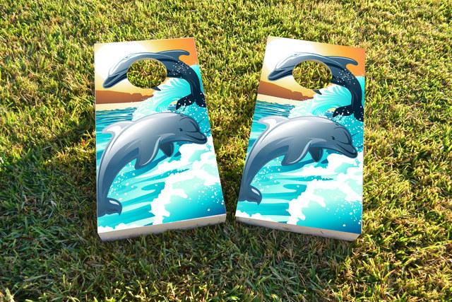 Dolphins Playing in the Oceans Waves / Surf Custom Cornhole Boards Design