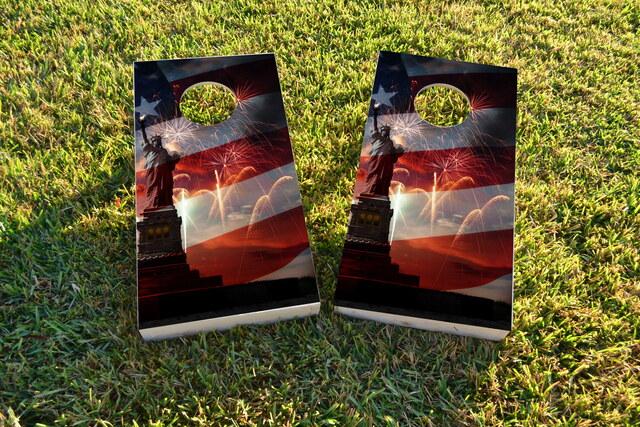 Patriotic Statue of Liberty with Fireworks Themed Custom Cornhole Board Design