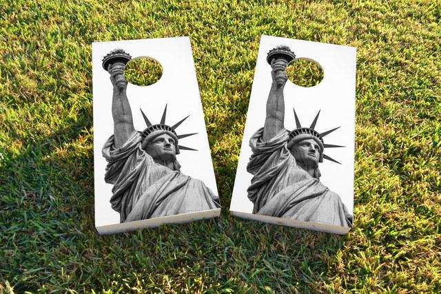 Lady Liberty Statue Themed Custom Cornhole Board Design