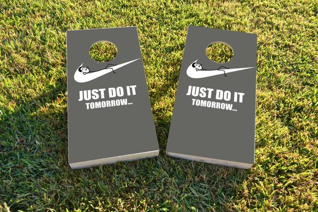 Just Do It Tomorrow  Procrastination Themed Custom Cornhole Board Design