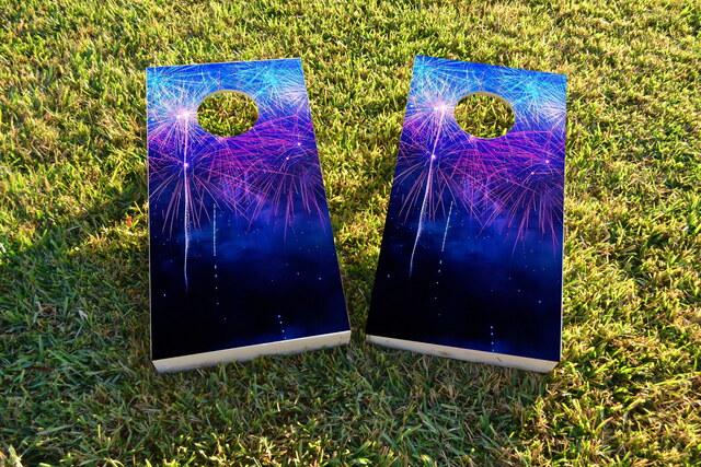 Starry Night Fireworks Show Themed Custom Cornhole Board Design