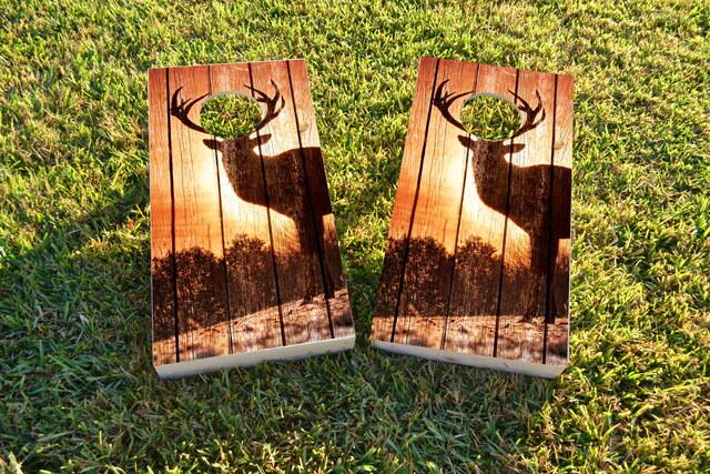 Sunrise Elk on Wood Slat Background Themed Custom Cornhole Board Design