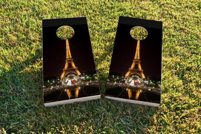 Eiffel Tower at Night in Paris France Themed Custom Cornhole Board Design