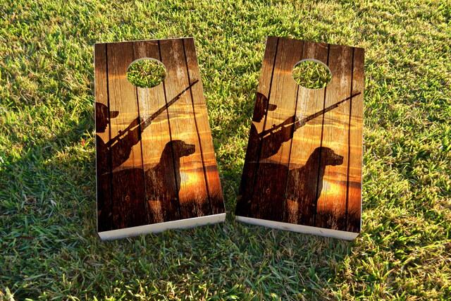 Sunrise Hunters With Wood Slat Background Themed Custom Cornhole Board Design