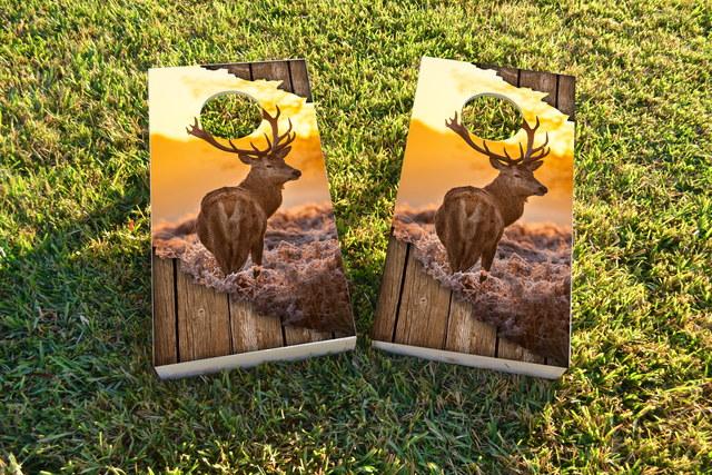 Torn Sunrise Buck With Wood Slat Background Themed Custom Cornhole Board Design