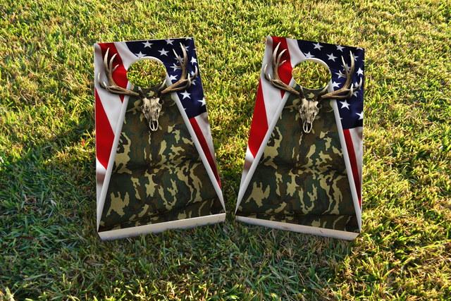 Camouflage Deer Mount With Flag Background Themed Custom Cornhole Board Design