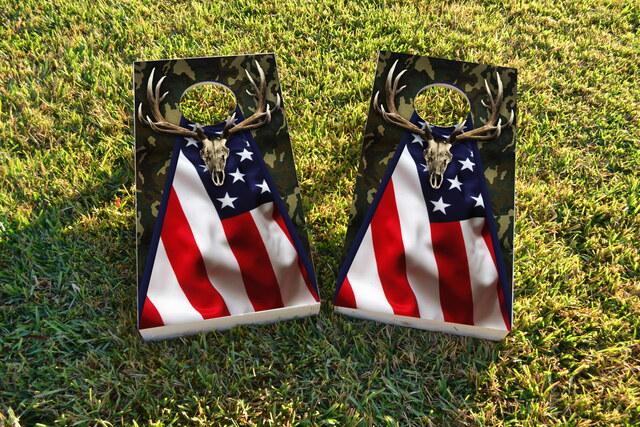 Patriotic Deer Mount With Camouflage Themed Custom Cornhole Board Design