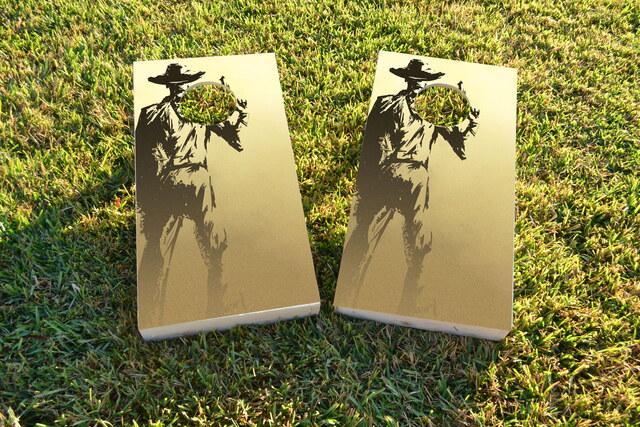 Old Time Gun Holding Cowboy Themed Custom Cornhole Board Design