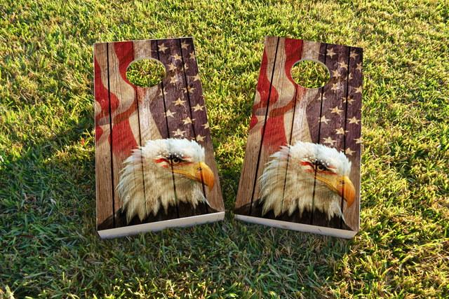 Weathered Woodslatt American Bald Eagle Themed Custom Cornhole Board Design