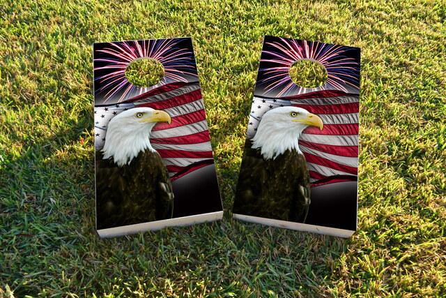 American Bald Eagle With Fireworks Themed Custom Cornhole Board Design