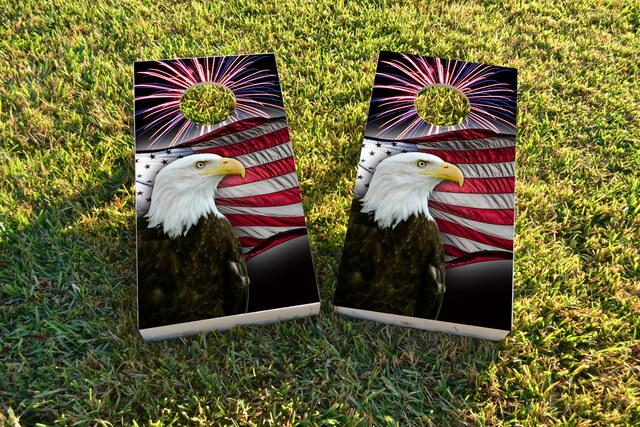 American Bald Eagle With Fireworks Themed Custom Cornhole Board Design