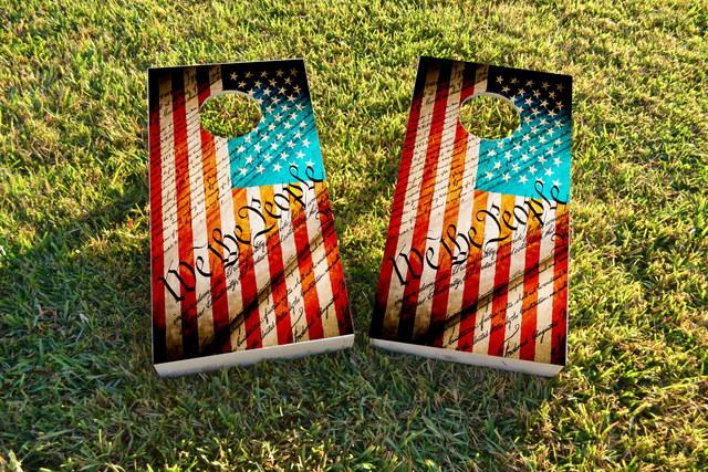 Worn American Flag (We The People) Themed Custom Cornhole Board Design