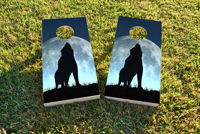 Wofl Howling to a Full Moon Themed Custom Cornhole Board Design