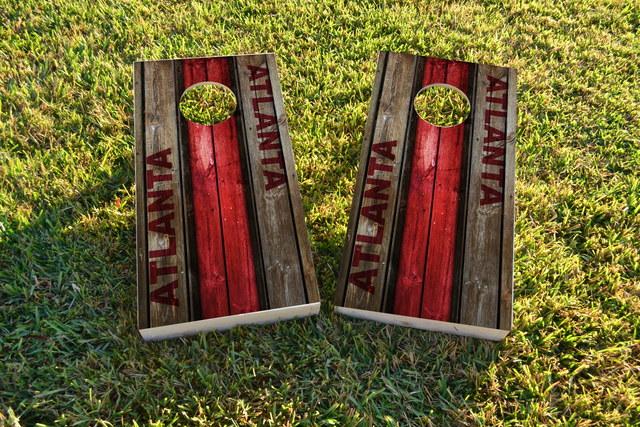 Woodslat Worn Atlanta Football Themed Custom Cornhole Board Design