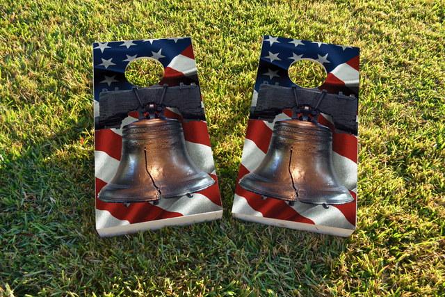 Cracked Liberty Bell Over-top American Flag Themed Custom Cornhole Board Design