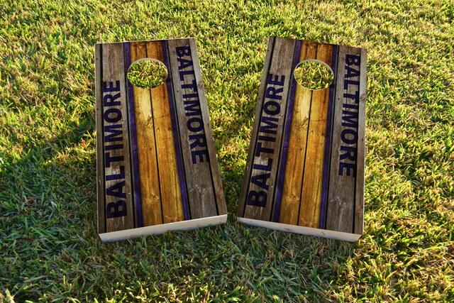 Woodslat Worn Baltimore Football Themed Custom Cornhole Board Design