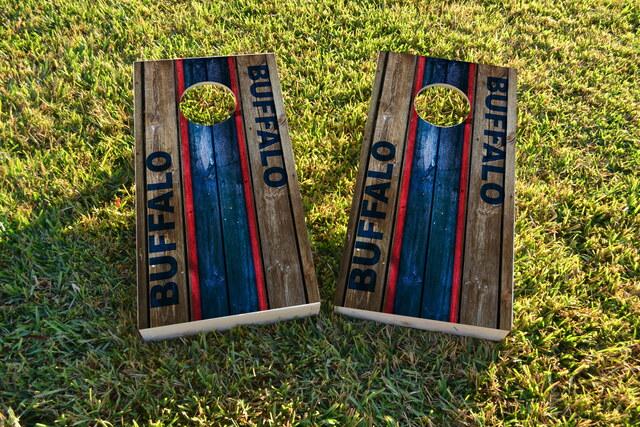 Woodslat Worn Buffalo Football Themed Custom Cornhole Board Design