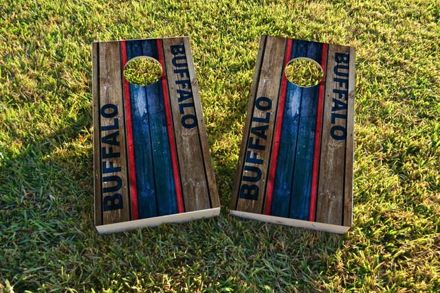 Woodslat Worn Buffalo Football Themed Custom Cornhole Board Design