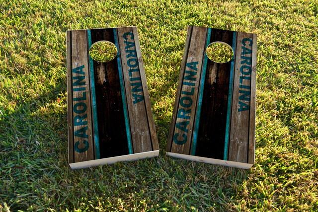 Woodslat Worn Carolina Football Themed Custom Cornhole Board Design