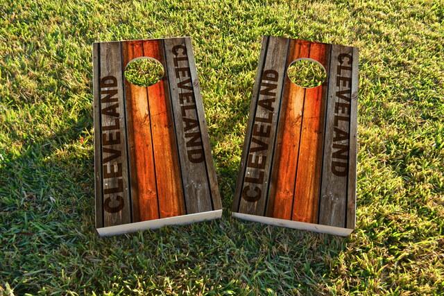 Woodslat Worn Cleveland Football Themed Custom Cornhole Board Design