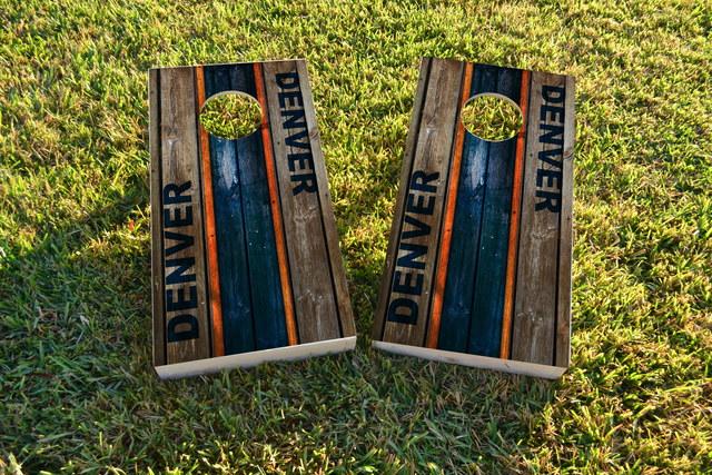 Woodslat Worn Denver Football Themed Custom Cornhole Board Design