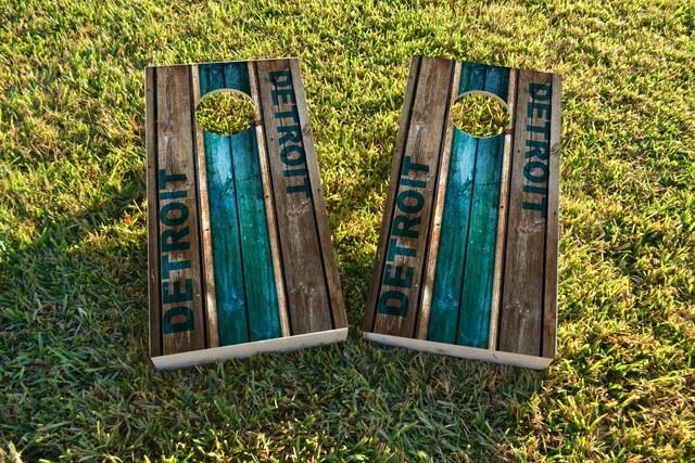 Woodslat Worn Detroit Football Themed Custom Cornhole Board Design