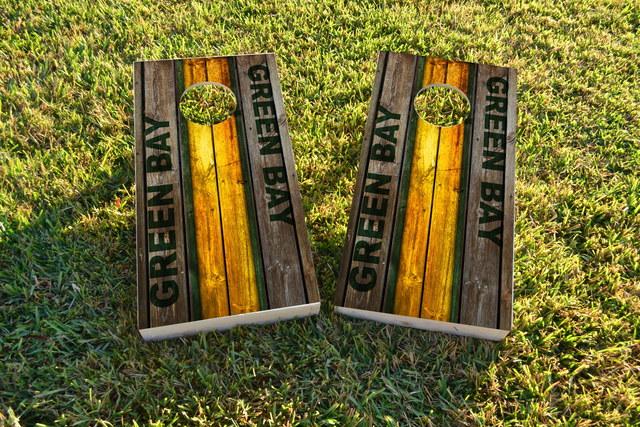 Woodslat Worn Green Bay Football Themed Custom Cornhole Board Design