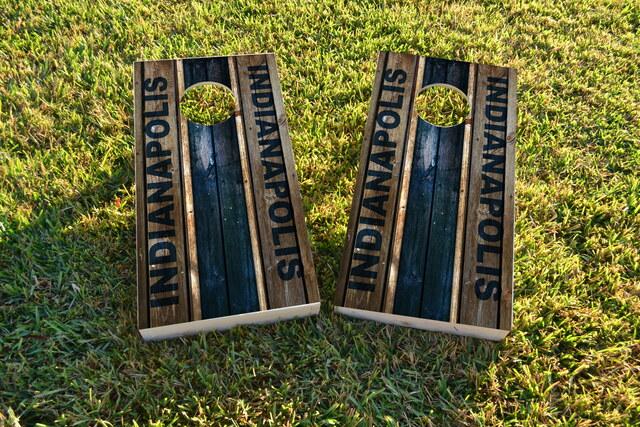 Woodslat Worn Indianapolis Football Themed Custom Cornhole Board Design