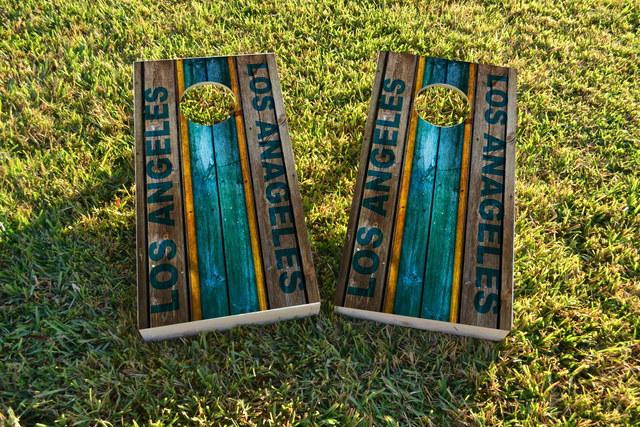 Woodslat Worn Los Angeles 1 Football Themed Custom Cornhole Board Design